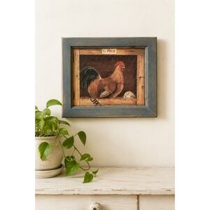 Vintage Country Rooster Wall Art Rustic Distressed Wood Frame Farmhouse Glass
